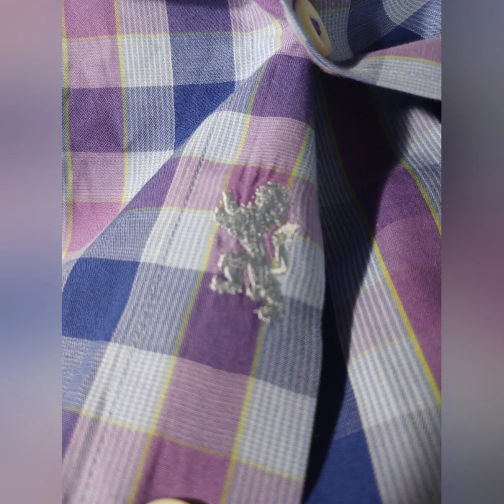XL EUC Short Sleeve Bugatchi Uomo Purple Blue Plaid Shirt Luxury Preppy Summer - Picture 2 of 5